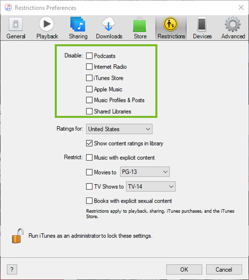 Disabling items in itunes