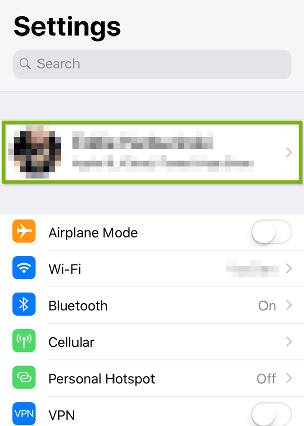 iOS settings with Apple ID selected