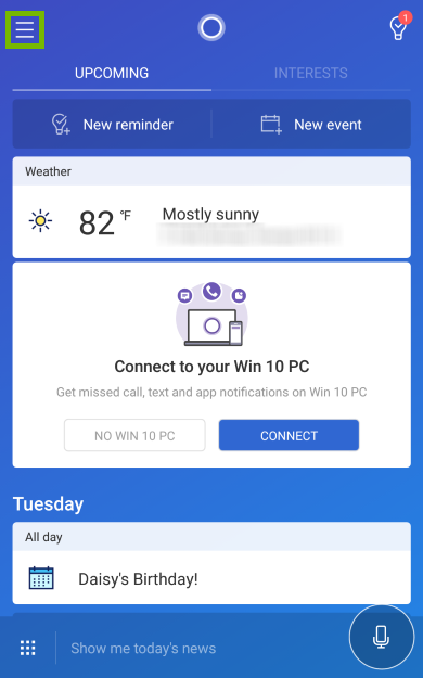 Menu icon highlighted in Cortana app.