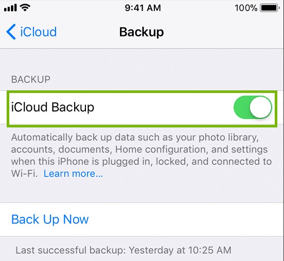 iOS icloud menu with iCloud backup highlighted