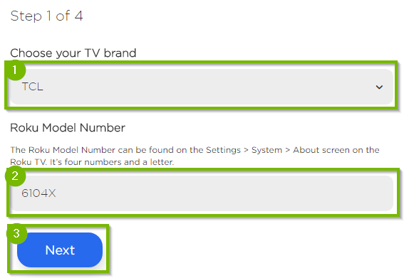 Dropdown menu for TV brand and text box for Roku model number.