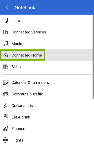 Connected Home highlighted in Cortana notebook menu.