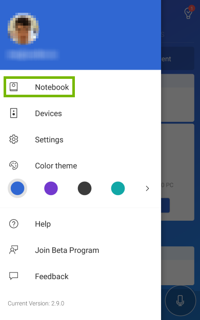 Notebook highlighted in Cortana app menu.