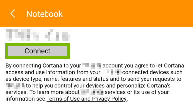 Connect highlighted for selected smart home service in Cortana app.
