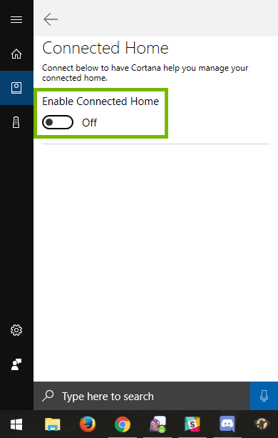 Enable Connected Home feature highlighted in Cortana menu.