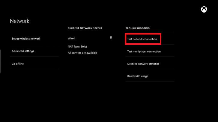 Network screen with test network connection highlighted