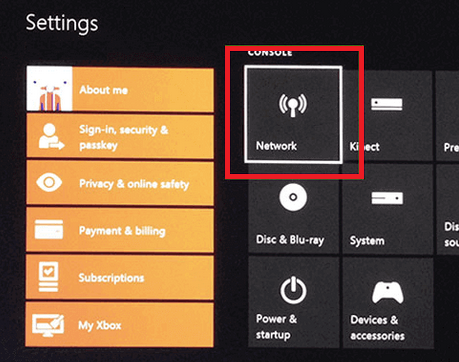 Xbox one Network icon highlighted