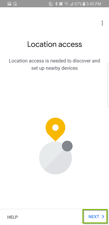 Location access screen with Next highlighted.