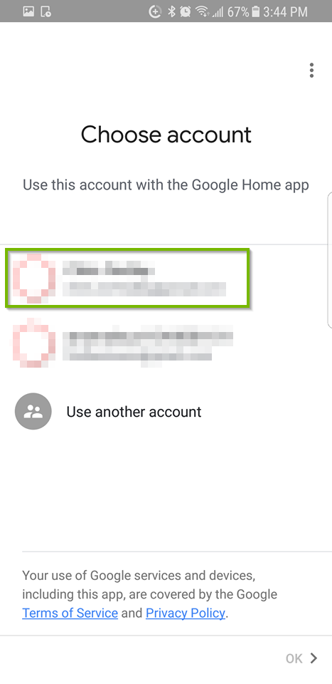 Choose account screen.