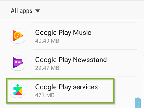 Apps list with Google Play services selected. Screenshot.