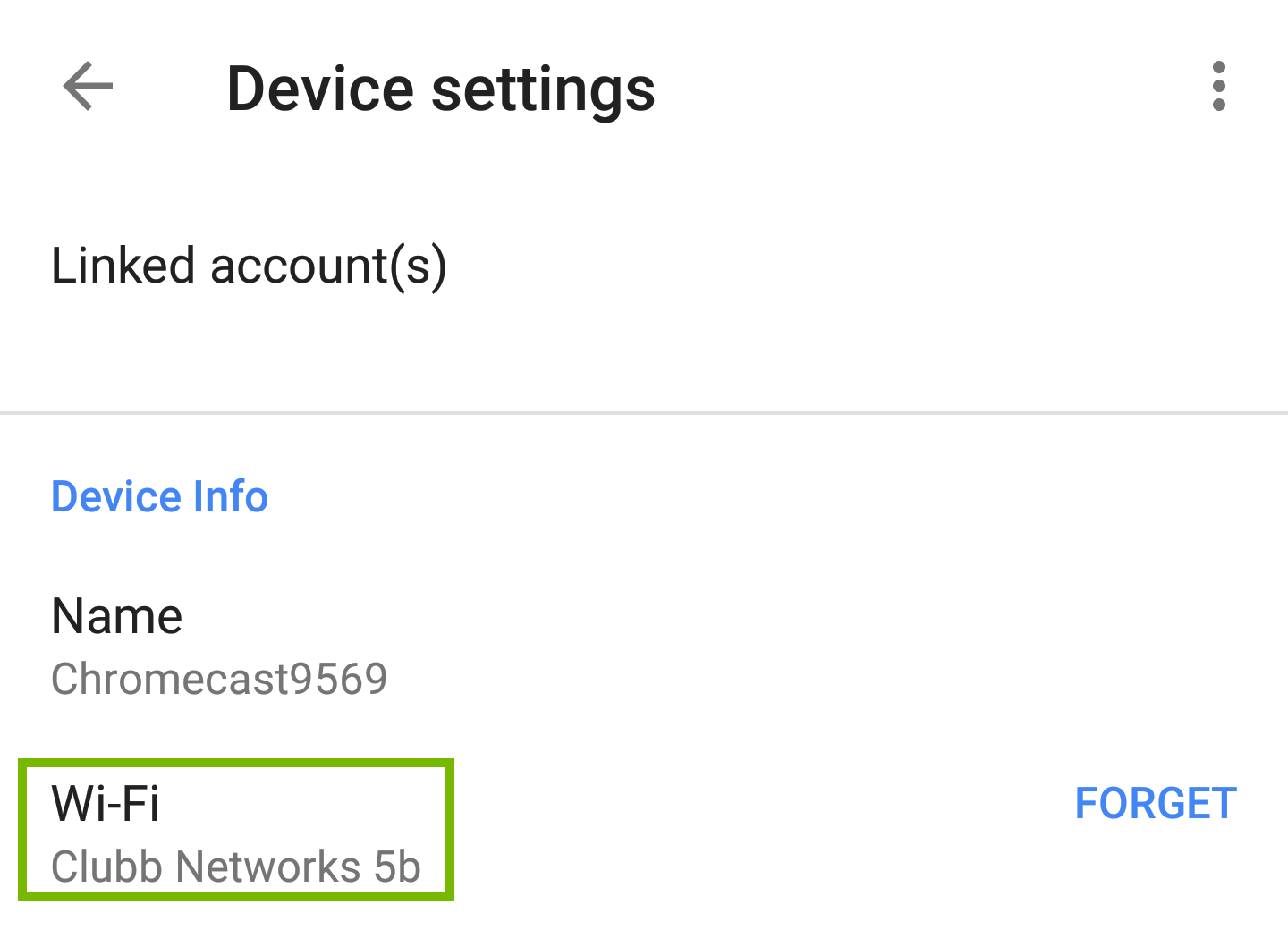 Device Settings with Wi-Fi network shown. Screenshot.