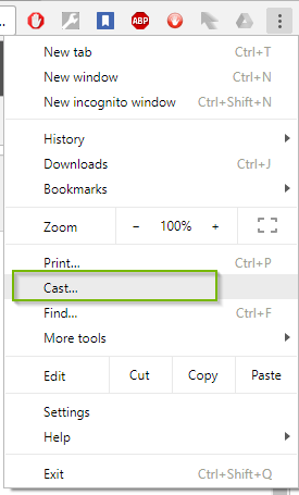 Chrome More menu with Cast selected. Screenshot.
