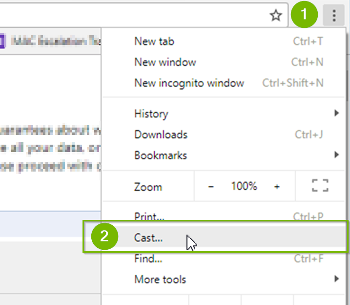 Chrome Settings men with Cast selected. Screenshot.