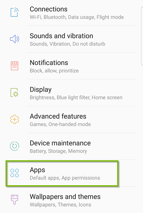 Settings menu with Apps selected. Screenshot.
