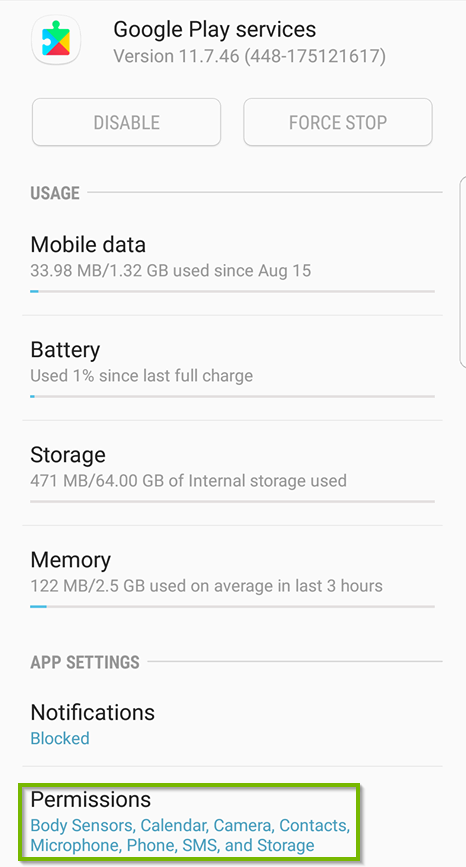 Google Play services with Permissions selected. Screenshot.