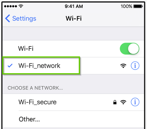 iOS network Wi-Fi settings showing network highlighted.