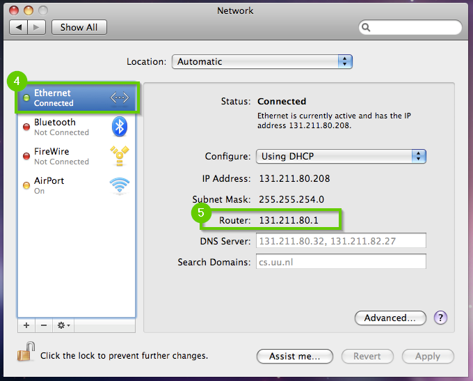 Apple Network settings showing the connected ethernet selected and the router ip address.