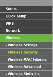 A router web menu showing Wireless Security.