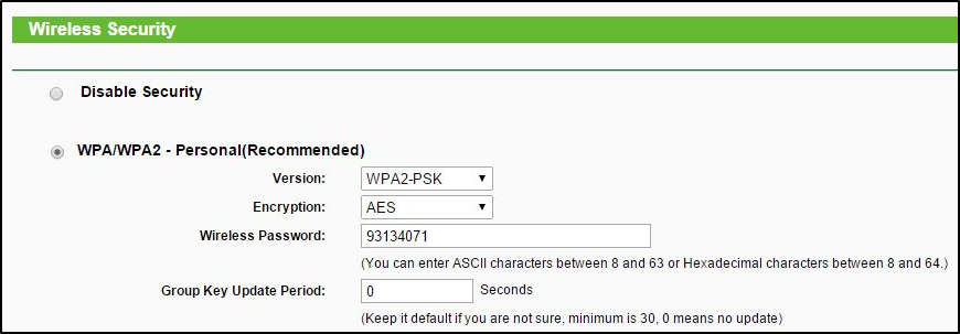 A router web menu showing WPA2 and network password.