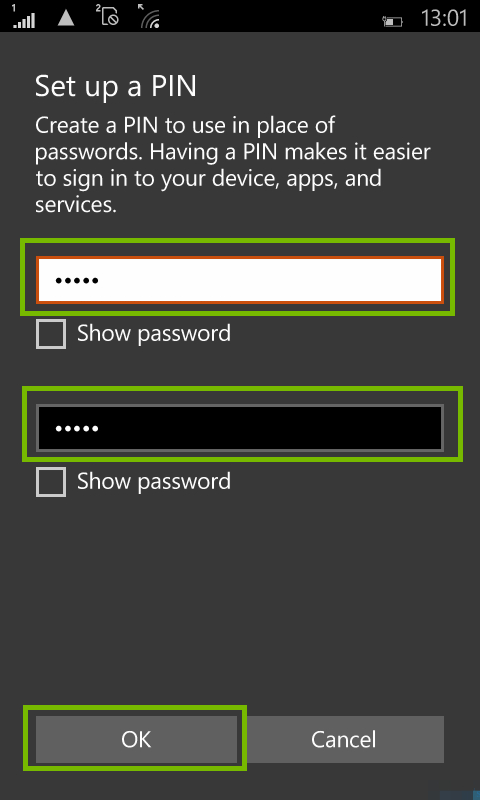screenshot of pin setup with pin entry and ok button highlighted