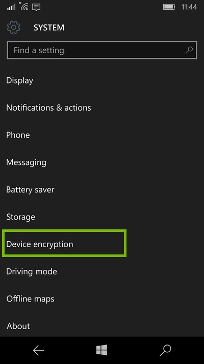 screenshot of system settings with device encryption highlighted