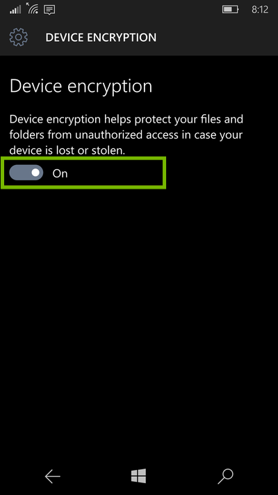 screenshot of device encryption settings with on off switch highlighted