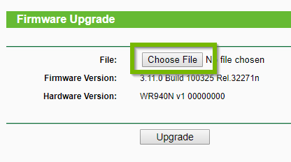Example 2 of Firmware upgrade screen with Choose File highlighted