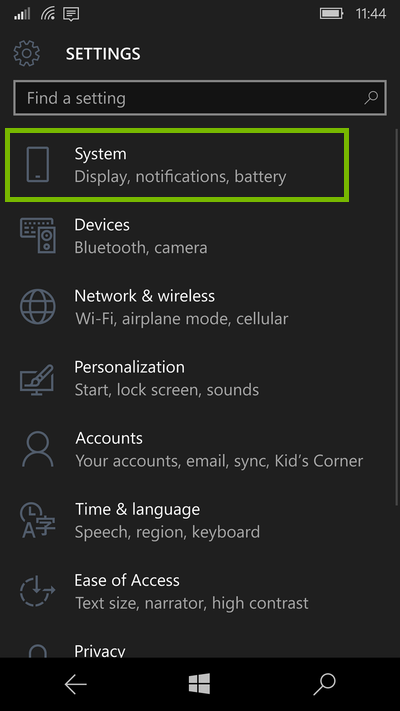 screenshot of settings with System highlighted
