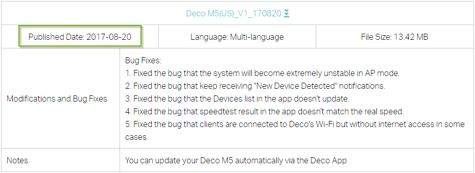 Information on firmware with publication date highlighted
