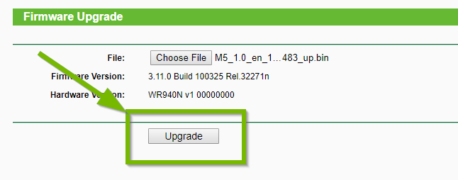 Example 2 of Firmware Upgrade screen with Upgrade highlighted