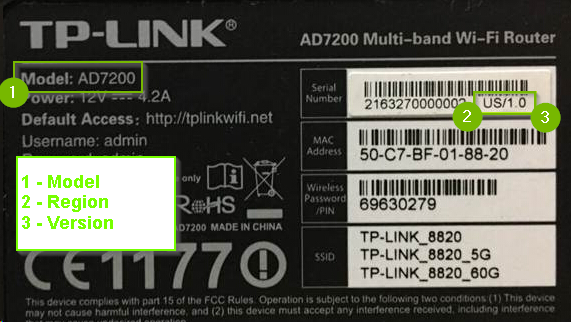 Example of TP-Link label with model, region and serial number highlighted