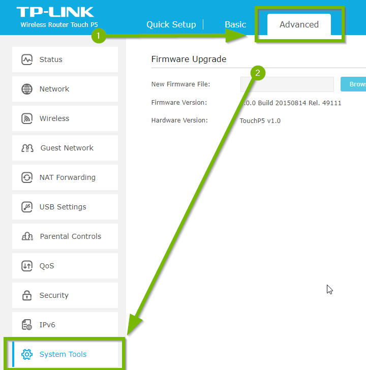 Screen with 1. Advanced 2. System Tools highlighted
