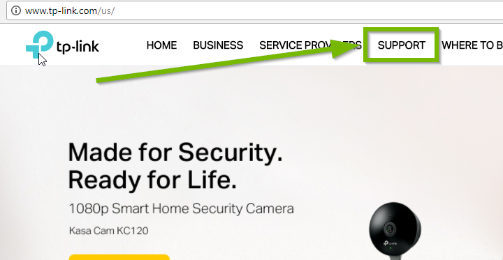 TP-Link website, highlighting support link.