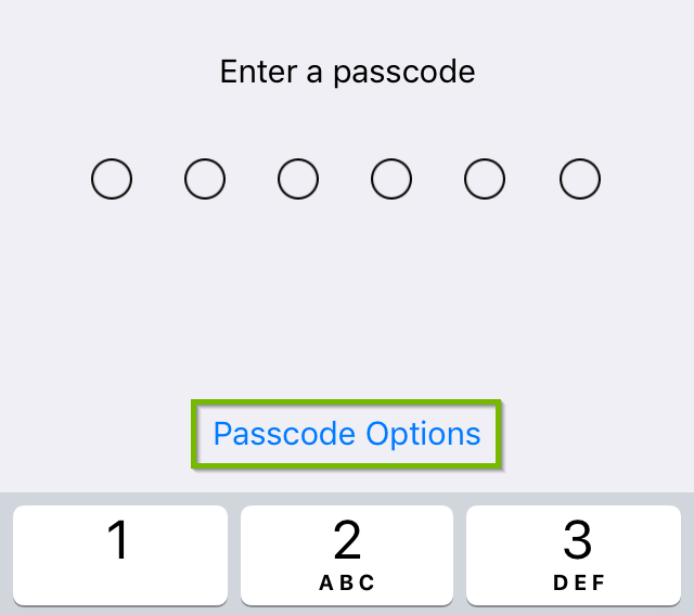User being prompted to enter a 6 digit passcode. Passcode options highlighted. Screenshot.