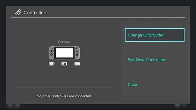 Nintendo switch controllers screen with change grip/order highlighted