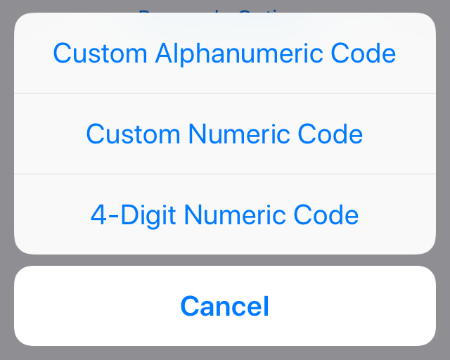 Passcode options prompt with different passcode options available. Screenshot.