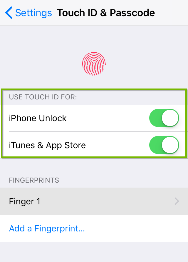Touch ID and passcode screen highlighting Touch ID options.
