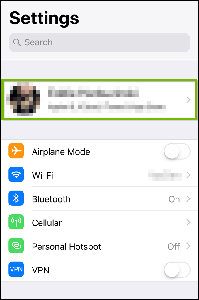 iOS Settings menu highlighting the Apple ID button.
