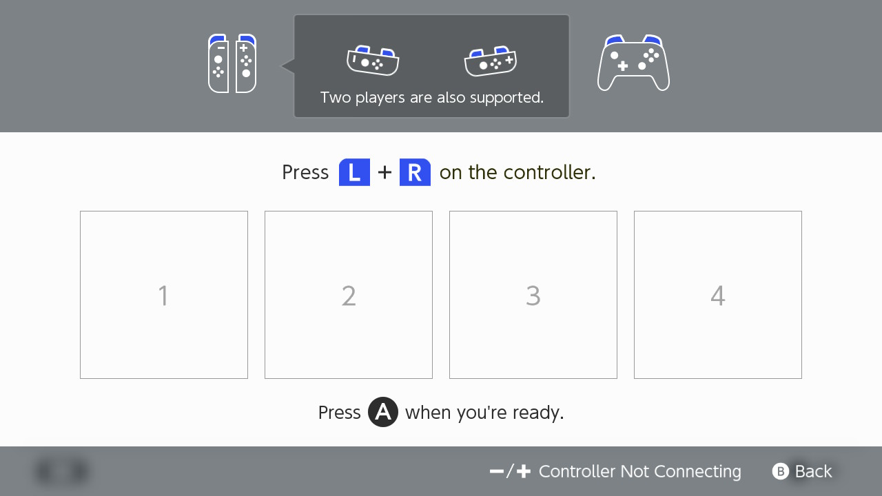 Nintendo Switch screen showing controllers connecting.Command to press L+R on the controller