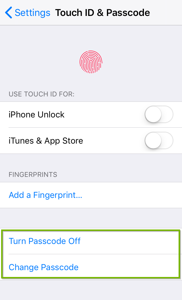Touch ID and passcode screen highlighting options to turn off passcode and change passcode. Screenshot.