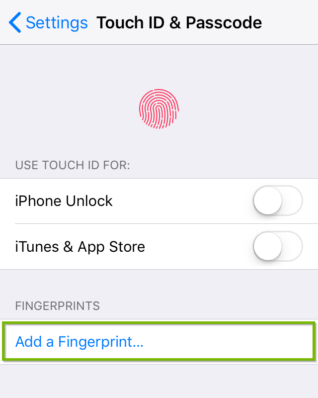 Touch ID and passcode screen with add a fingerprint highlighted.
