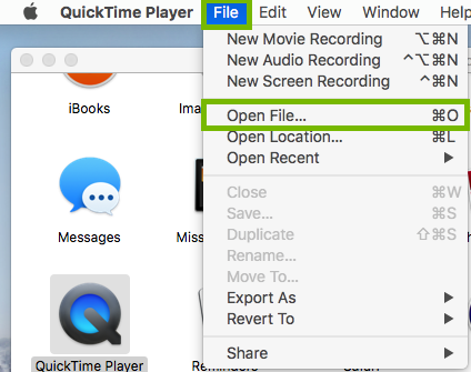Screenshot of QuickTime Player File menu, with Open file highlighted