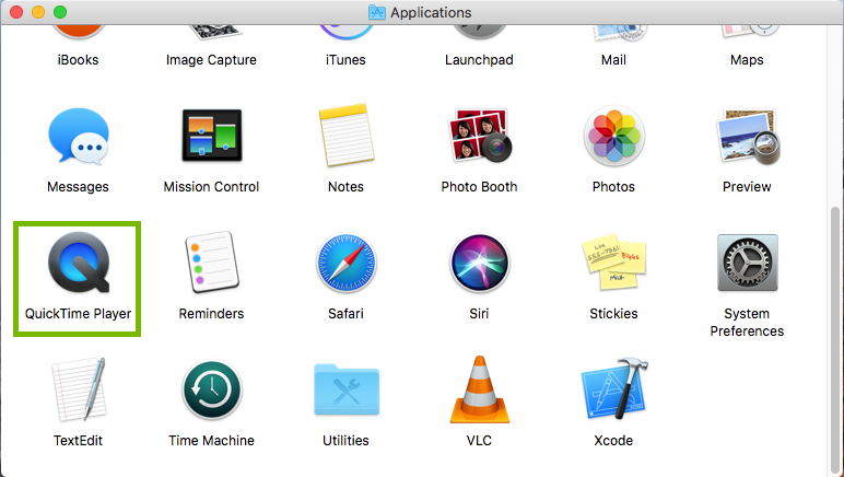 screenshot of applications with QuickTime Player highlighted