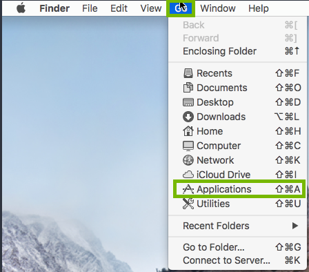 screenshot of Finder Go menu with applications highlighted