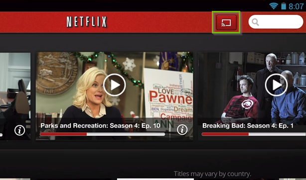 Netflix app highlighting the cast icon.