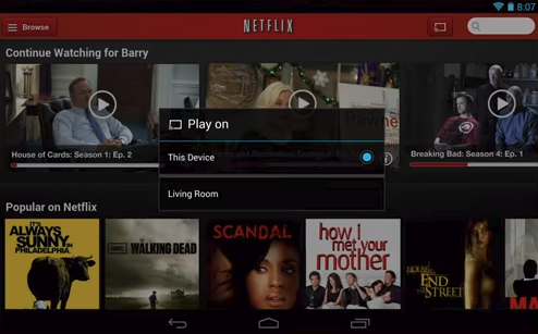 Netflix app cast screen displaying a list of available devices to cast to.