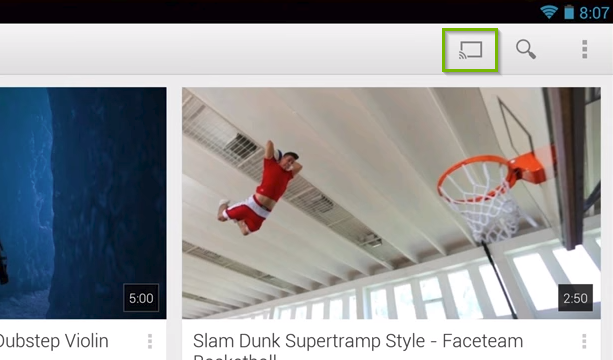 YouTube app highlighting the cast icon.