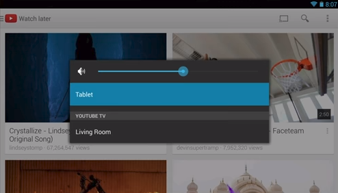YouTube cast menu displaying a list of available devices to cast to.
