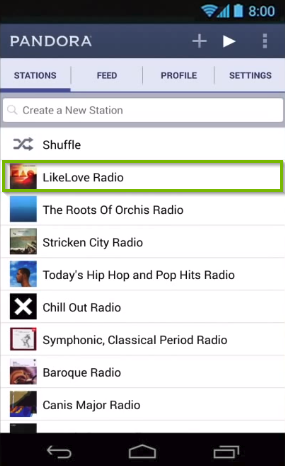 Pandora app highlighting a desired radio station to begin playing.