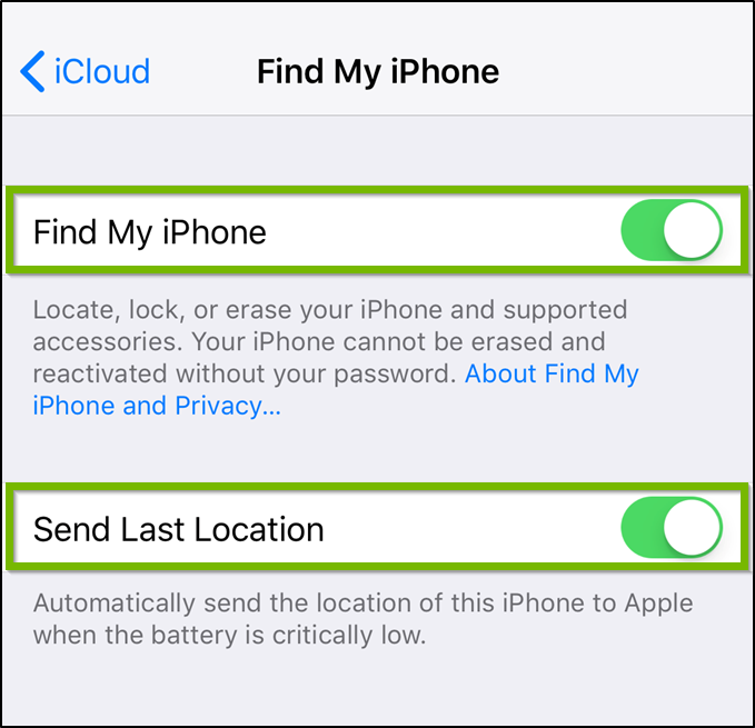 Find my iPhone settings highlighting both toggle switches.